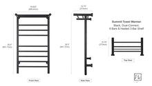 Load image into Gallery viewer, WarmlyYours Summit Towel Warmer Dual Connection, 8 Bars & Heated 3-Bar Shelf specs