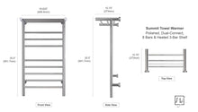 Load image into Gallery viewer, WarmlyYours Summit Towel Warmer Dual Connection, 8 Bars & Heated 3-Bar Shelf specs