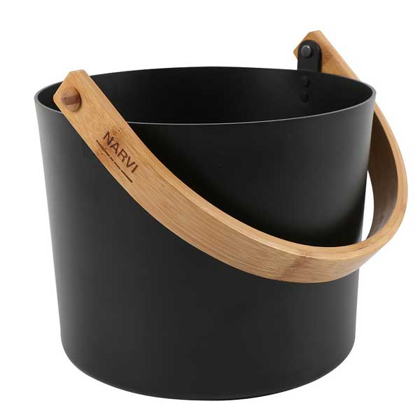 Black bucket with a wooden handle on a white background