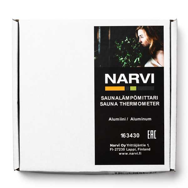 Narvi sauna thermometer packaging with a woman's face on a white background