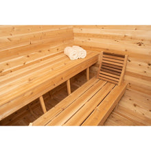 Load image into Gallery viewer, Dundalk Canadian Timber Luna White Cedar Outdoor Sauna CTC22LU seat and towels